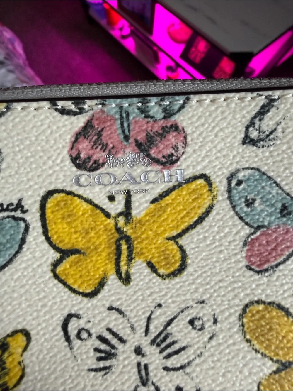 Coach Butterfly Zip Card Case - Yellow, Blue, Pink on Cream